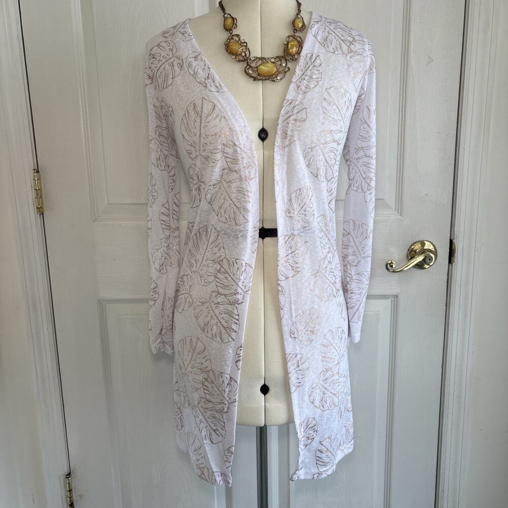 Open Front Cardigan Light weight Metallic Rose gold tropical leaf MED officecore